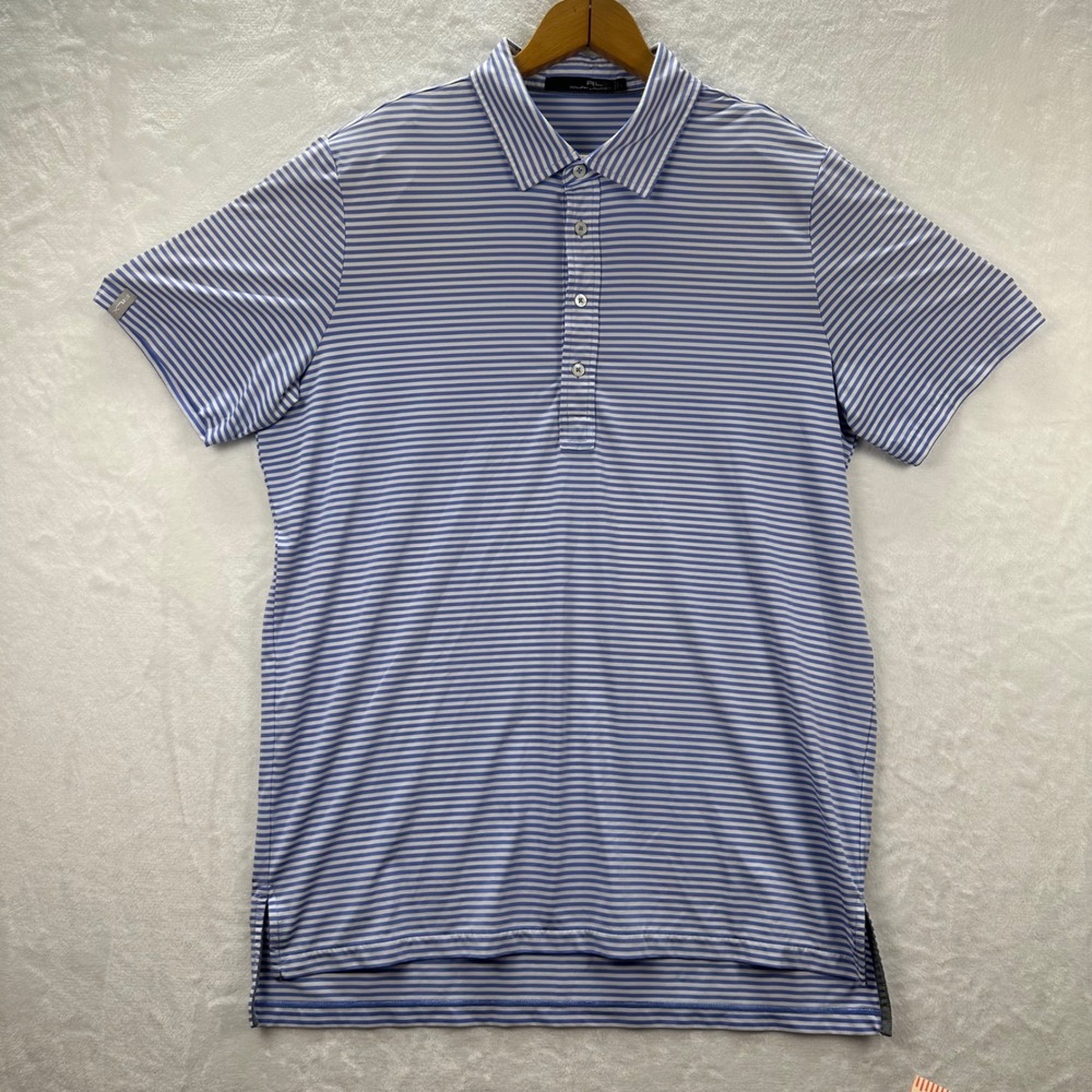 RLX Ralph Lauren Mens Large Blue White Striped Performance Golf Polo Shirt L